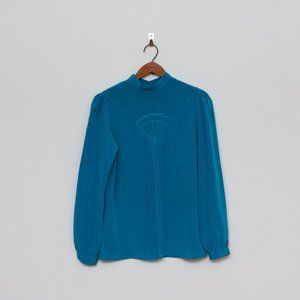 ORLY blouse embroidered long sleeve • teal blue • size 7 (vintage)